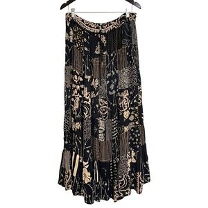Vintage 24 Karat Boho Patchwork Maxi Skirt Rayon Black Floral One Size